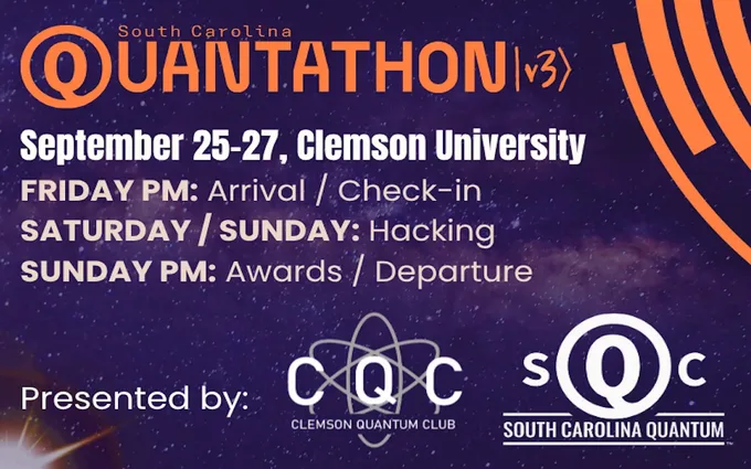 SC Quantathon v3 event banner: September 25–27 at Clemson University, presented by Clemson Quantum Club and South Carolina Quantum